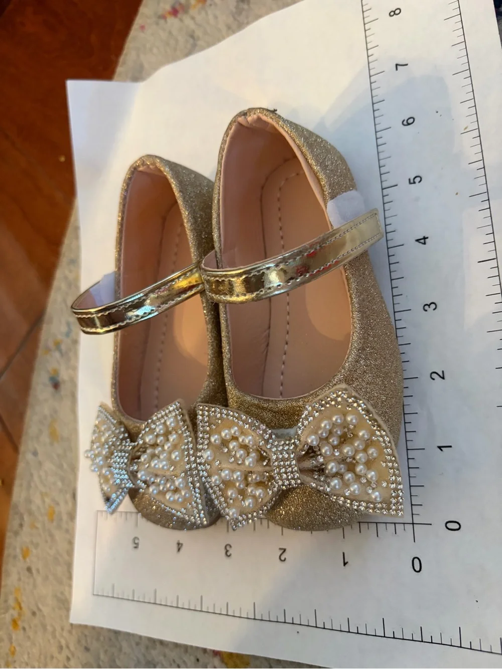 Girls Gold Pearl Bow Mary Jane Flats 5.5
